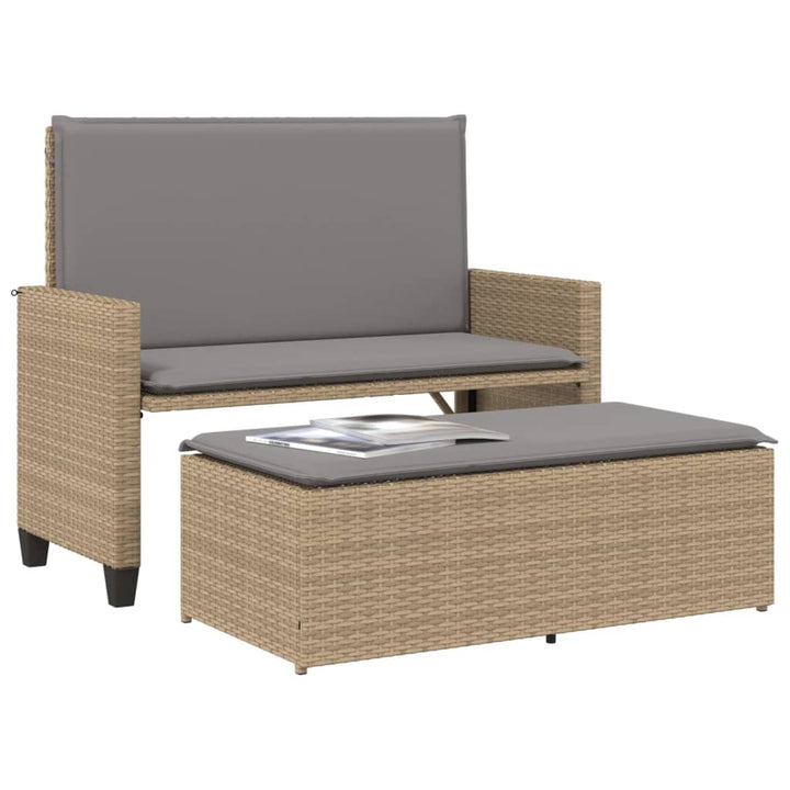 Tuinbank met kussens en voetenbank poly rattan beige