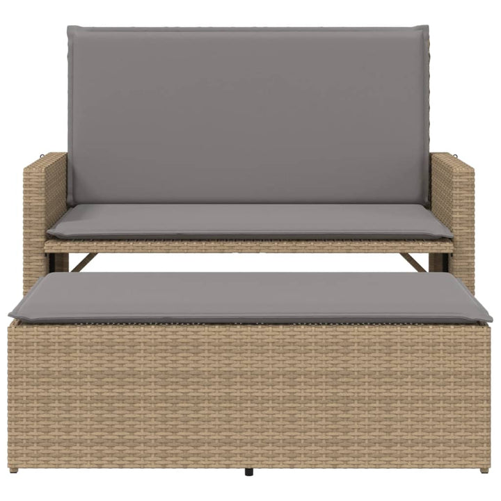 Tuinbank met kussens en voetenbank poly rattan beige