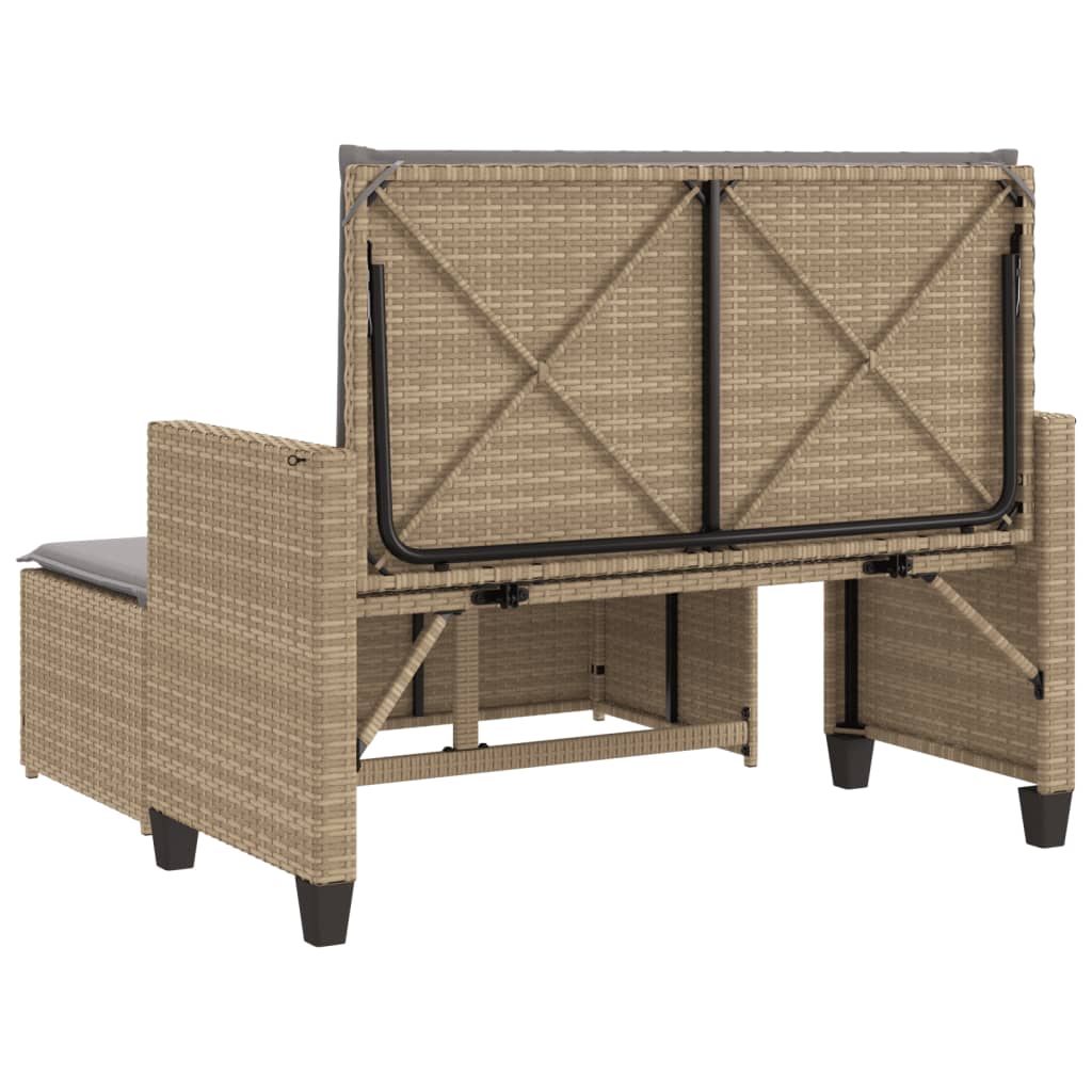 Tuinbank met kussens en voetenbank poly rattan beige