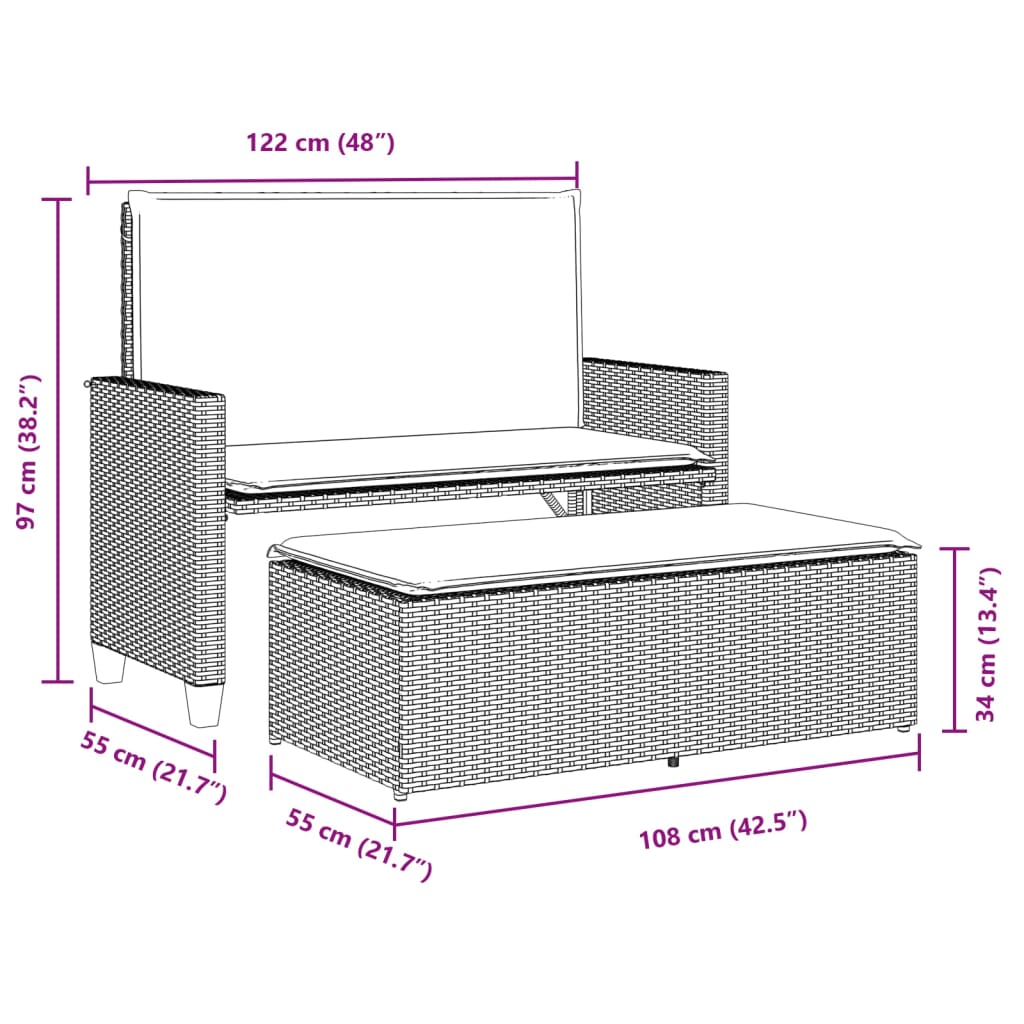 Tuinbank met kussens en voetenbank poly rattan beige