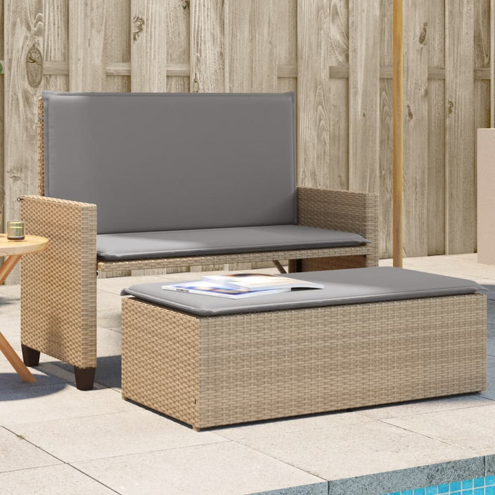 Tuinbank met kussens en voetenbank poly rattan beige