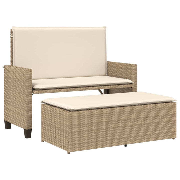 Tuinbank met kussens en voetenbank poly rattan beige