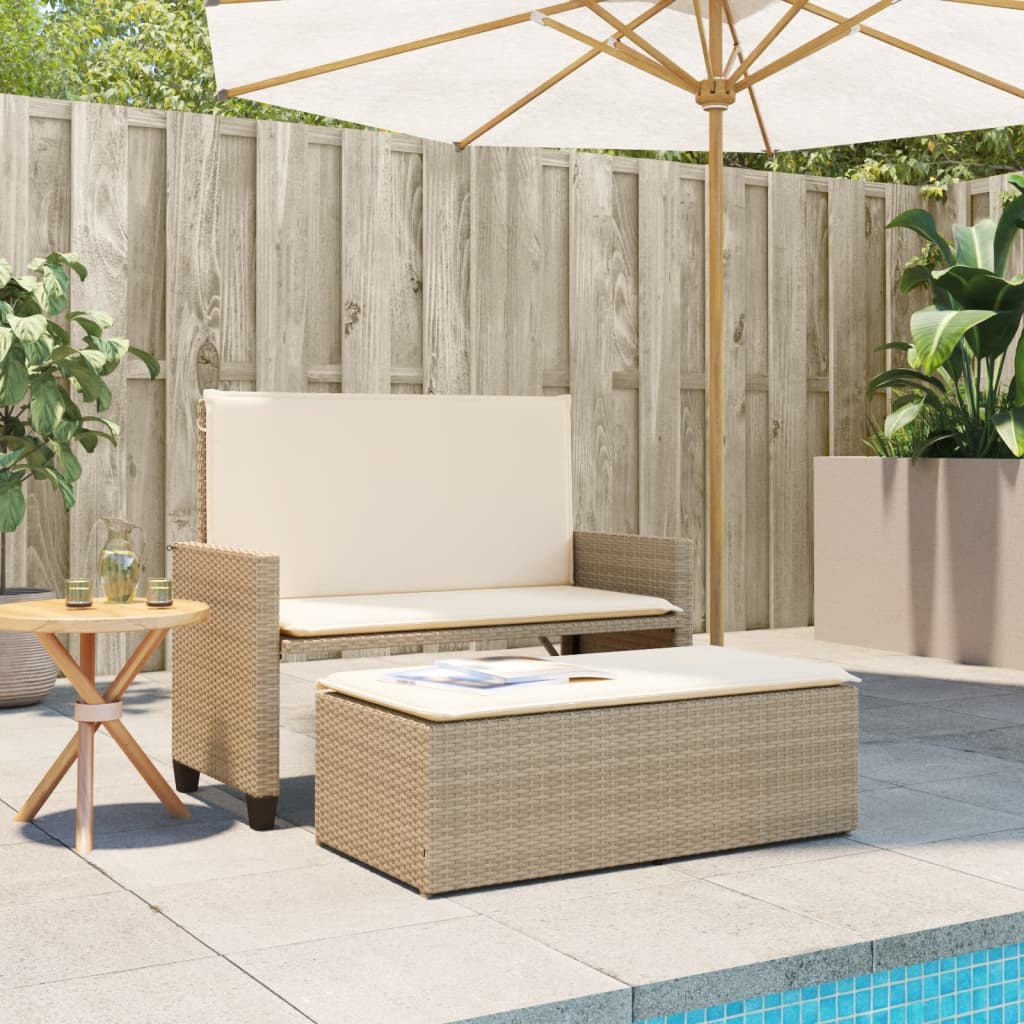 Tuinbank met kussens en voetenbank poly rattan beige