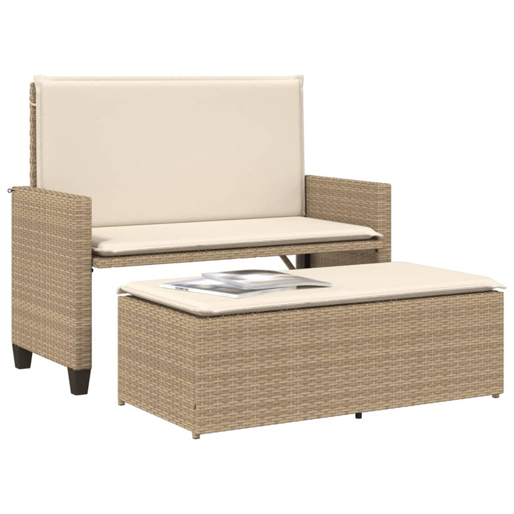 Tuinbank met kussens en voetenbank poly rattan beige