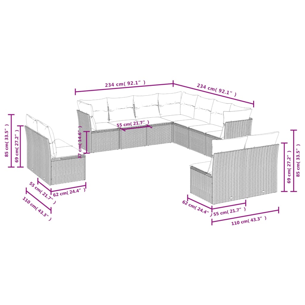 11-delige Tuinset met kussens poly rattan beige