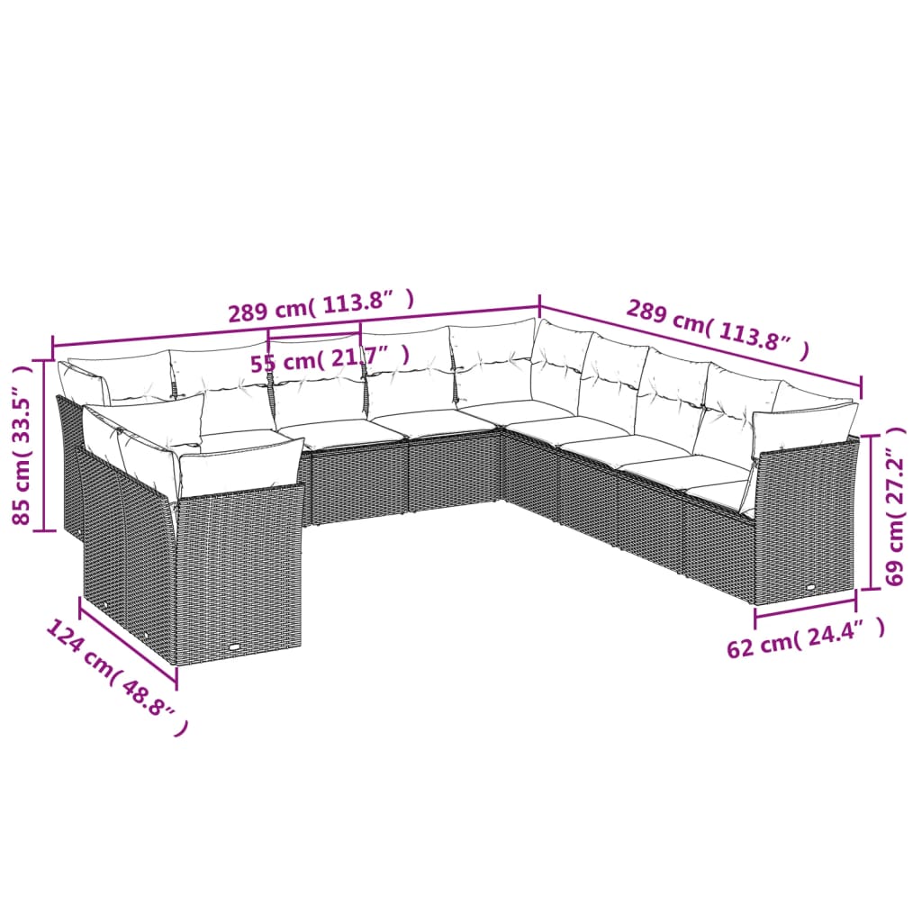 11-delige Tuinset met kussens poly rattan beige