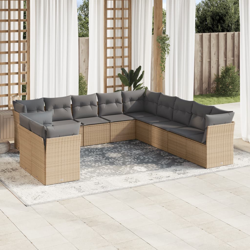 11-delige Tuinset met kussens poly rattan beige