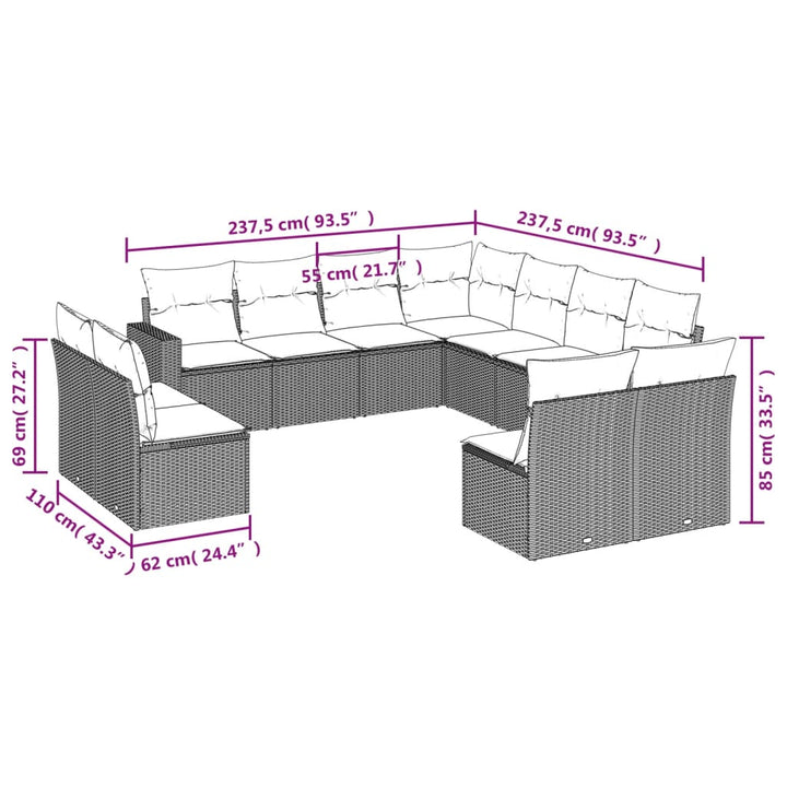 11-delige Tuinset met kussens poly rattan beige