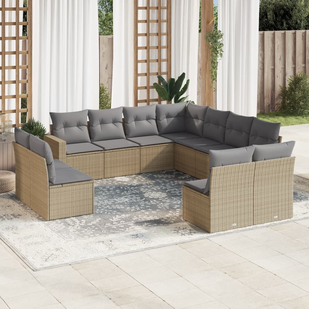 11-delige Tuinset met kussens poly rattan beige