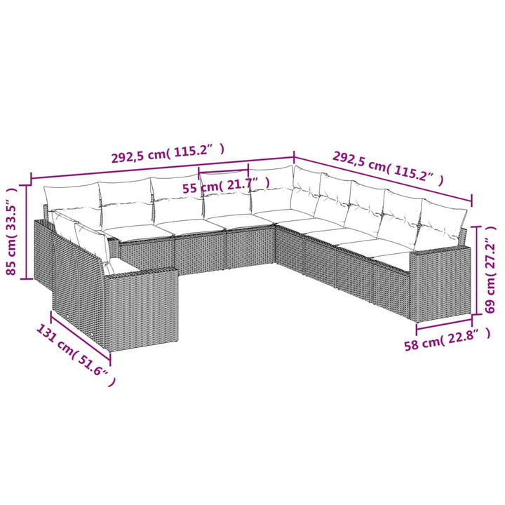 11-delige Tuinset met kussens poly rattan beige