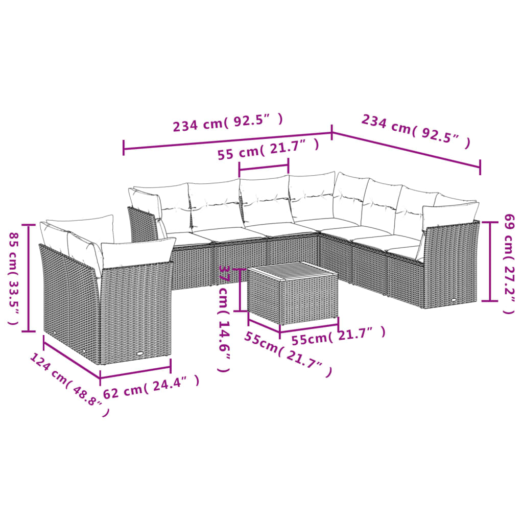 11-delige Tuinset met kussens poly rattan beige