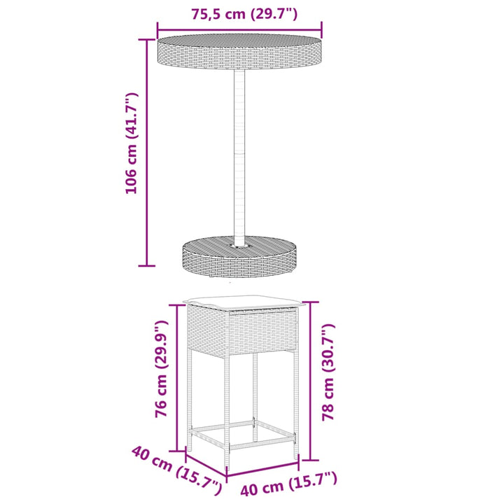 5-delige Tuinbarset met kussens poly rattan bruin