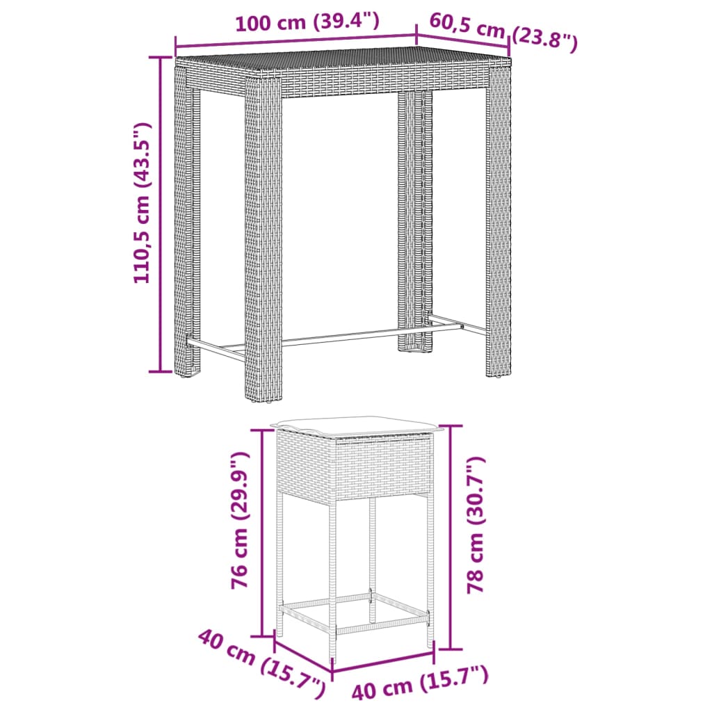 7-delige Tuinbarset met kussens poly rattan grijs