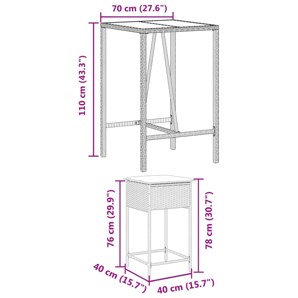 3-delige Tuinbarset met kussens poly rattan grijs