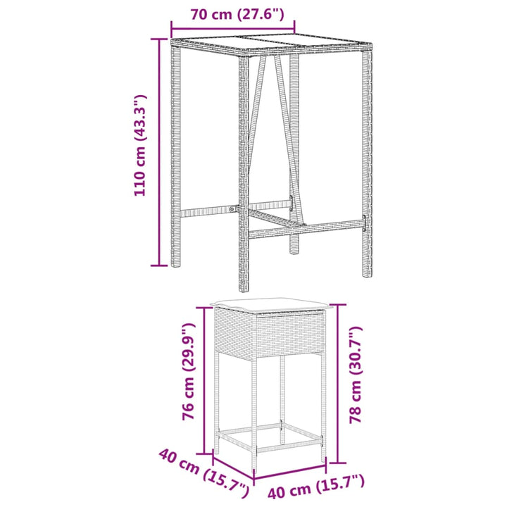 3-delige Tuinbarset met kussens poly rattan grijs