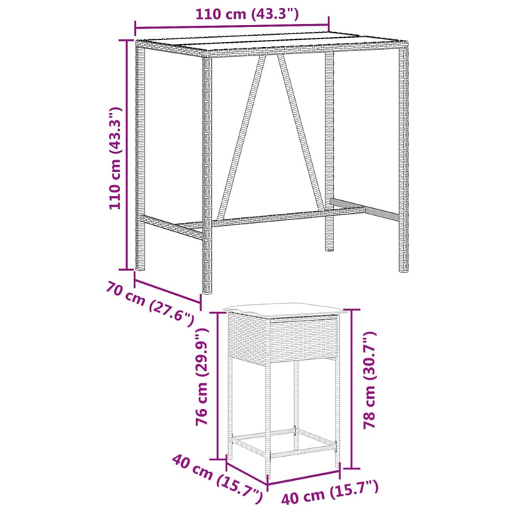 7-delige Tuinbarset met kussens poly rattan grijs