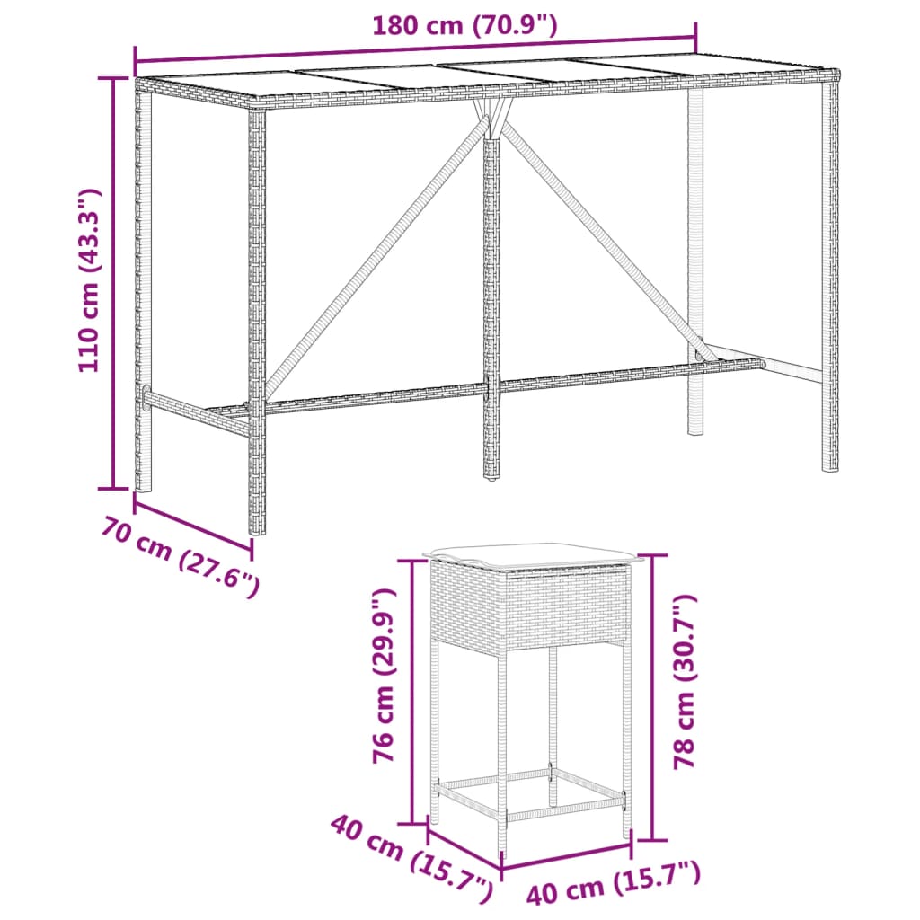 7-delige Tuinbarset met kussens poly rattan grijs