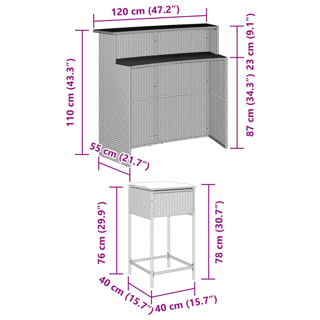 3-delige Tuinbarset met kussens poly rattan grijs