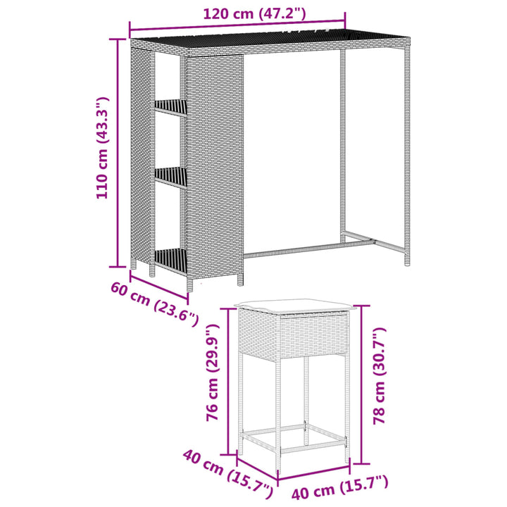 5-delige Tuinbarset met kussens poly rattan grijs