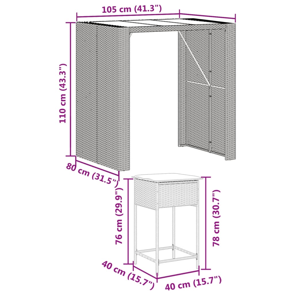 5-delige Tuinbarset met kussens poly rattan bruin