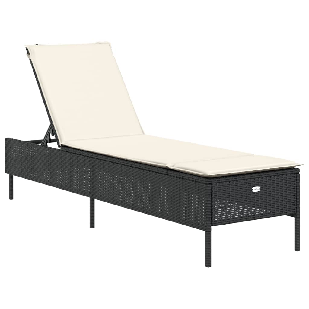 Ligstoelen 2 st met kussens poly rattan zwart