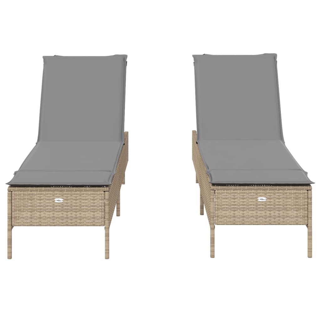 Ligstoelen 2 st met kussens poly rattan beige