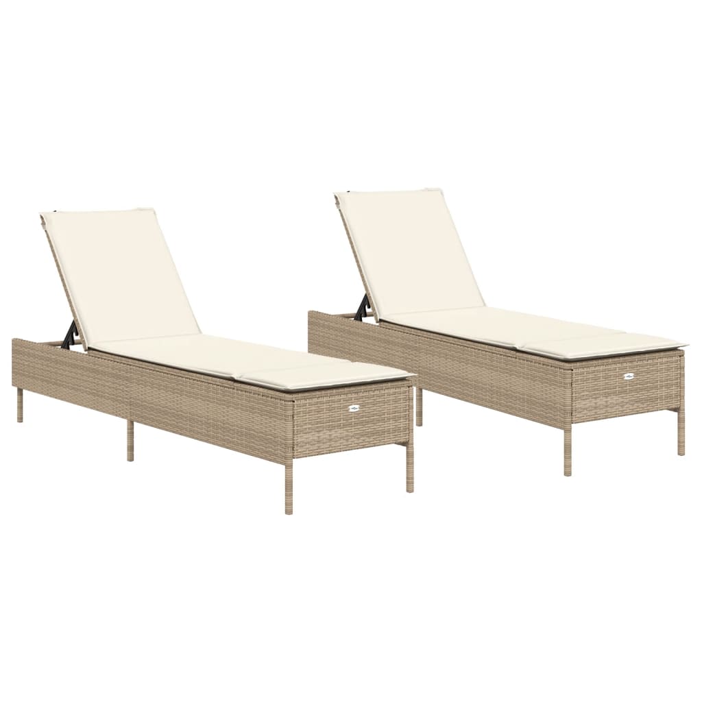 Ligstoelen 2 st met kussens poly rattan beige