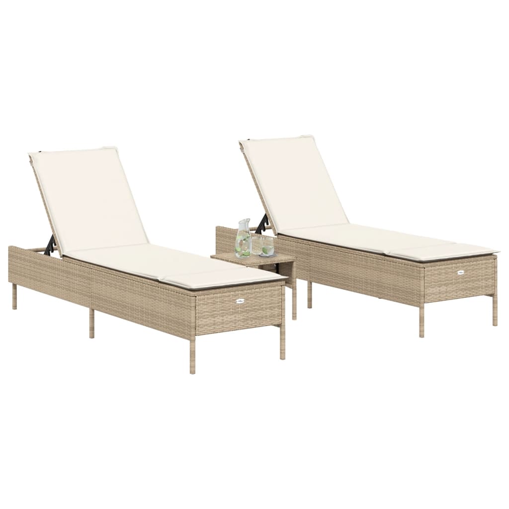 Ligstoelen 2 st met kussens poly rattan beige