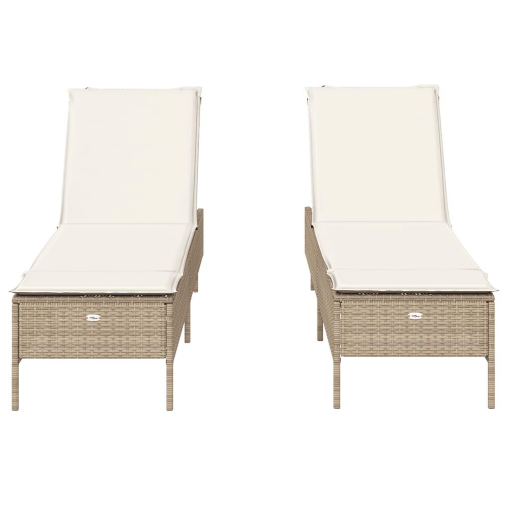 Ligstoelen 2 st met kussens poly rattan beige