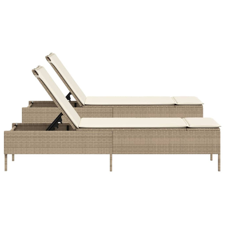 Ligstoelen 2 st met kussens poly rattan beige