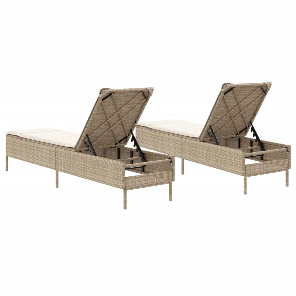 Ligstoelen 2 st met kussens poly rattan beige