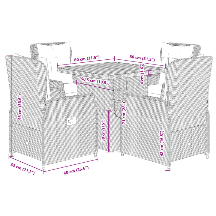 5-delige Tuinset met kussens poly rattan grijs