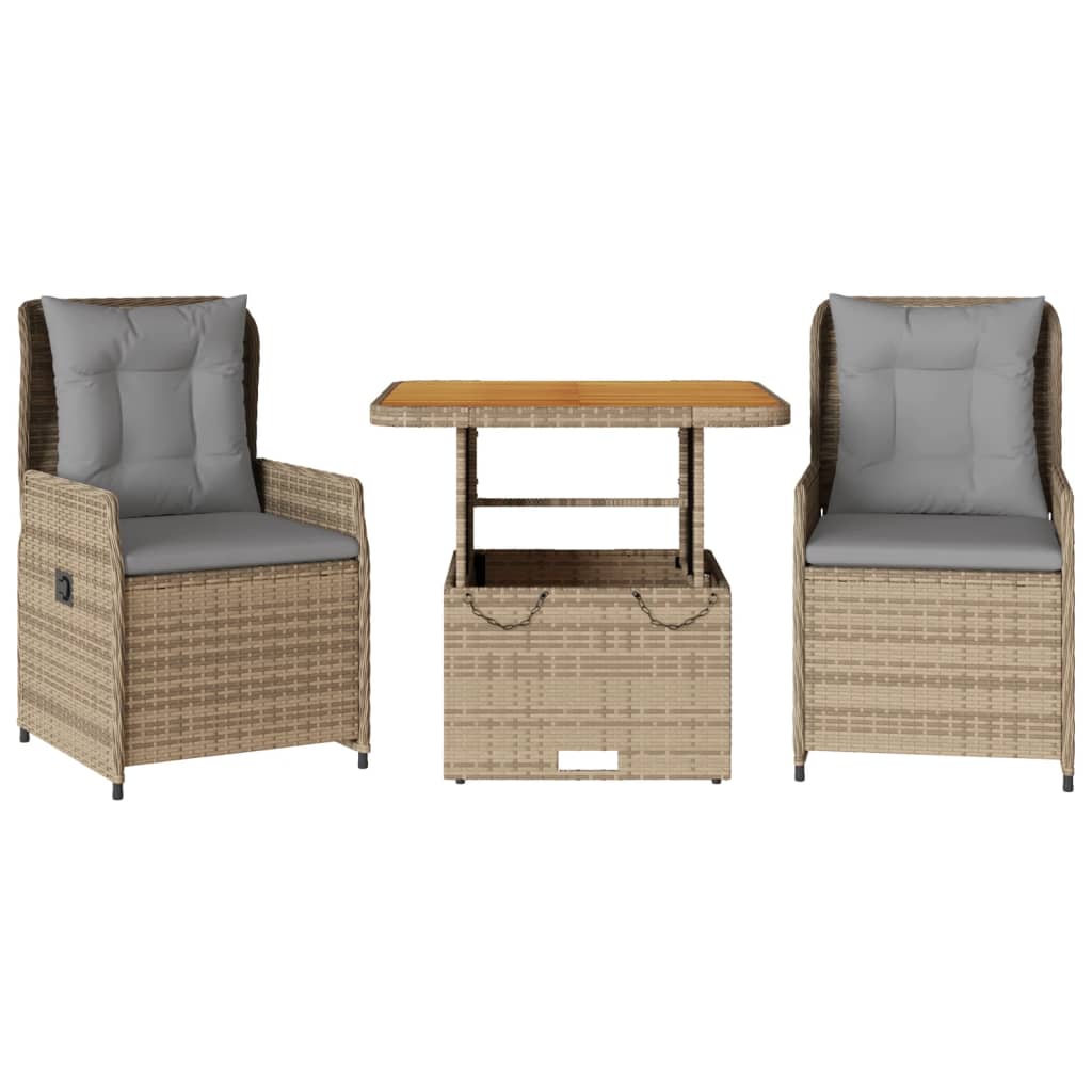 3-delige Bistroset met kussens poly rattan beige