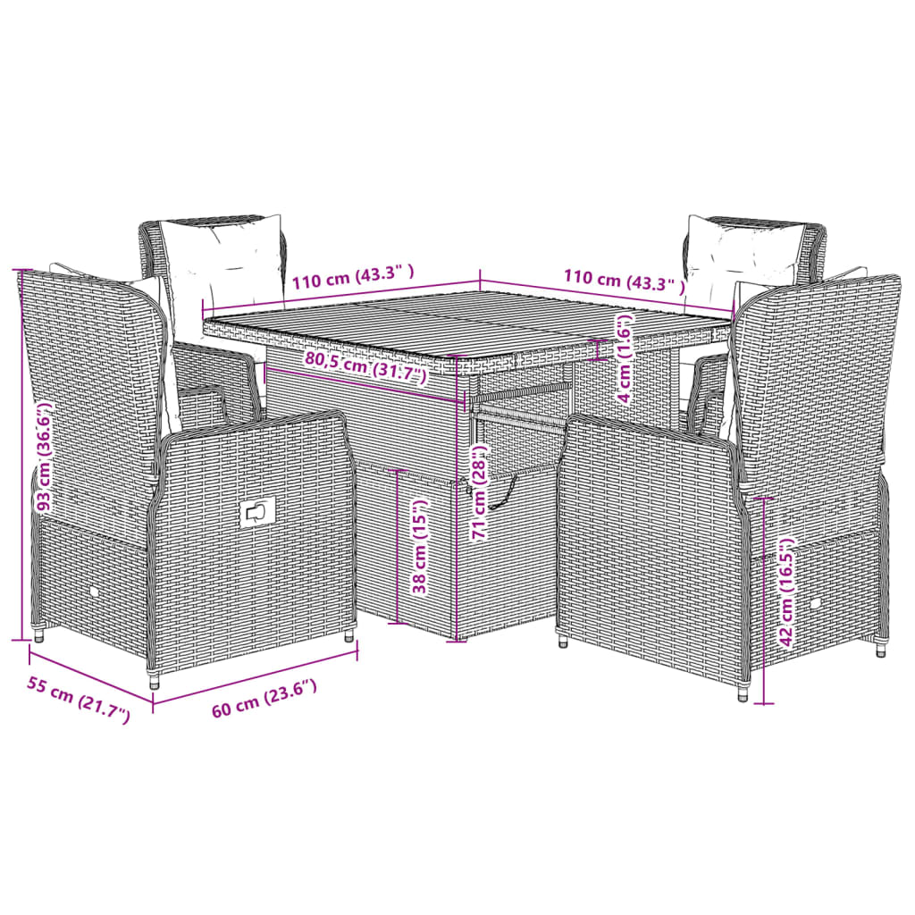 5-delige Tuinset met kussens poly rattan beige