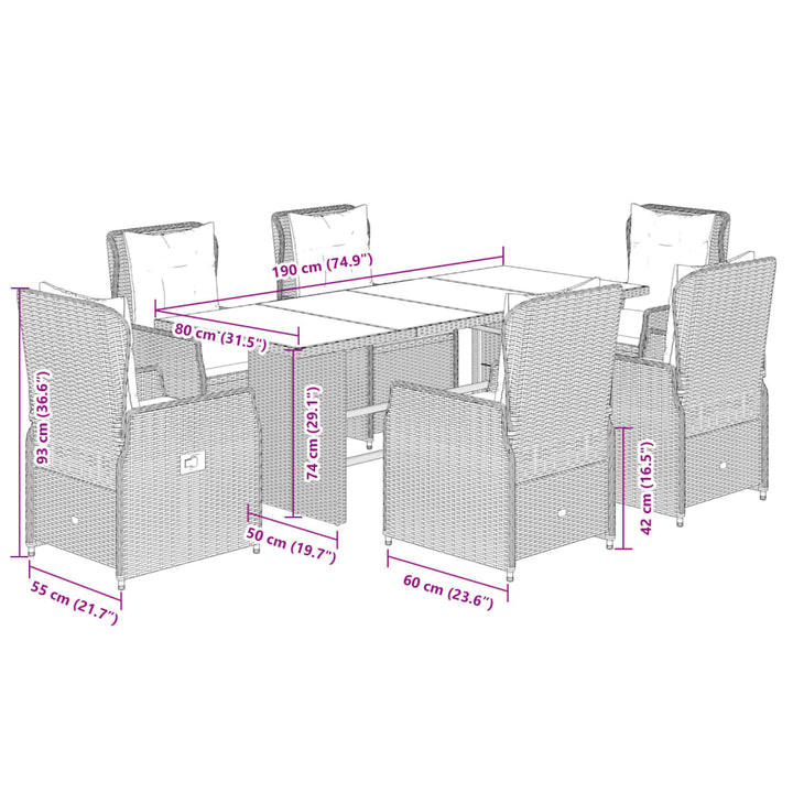 7-delige Tuinset met kussens poly rattan bruin