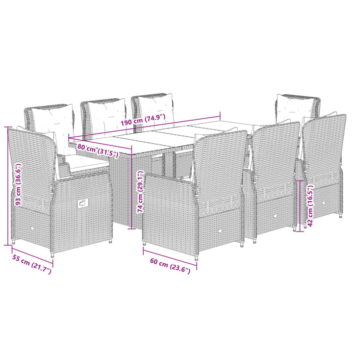 9-delige Tuinset met kussens poly rattan bruin