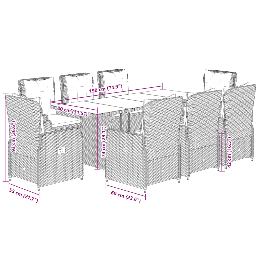 9-delige Tuinset met kussens poly rattan beige