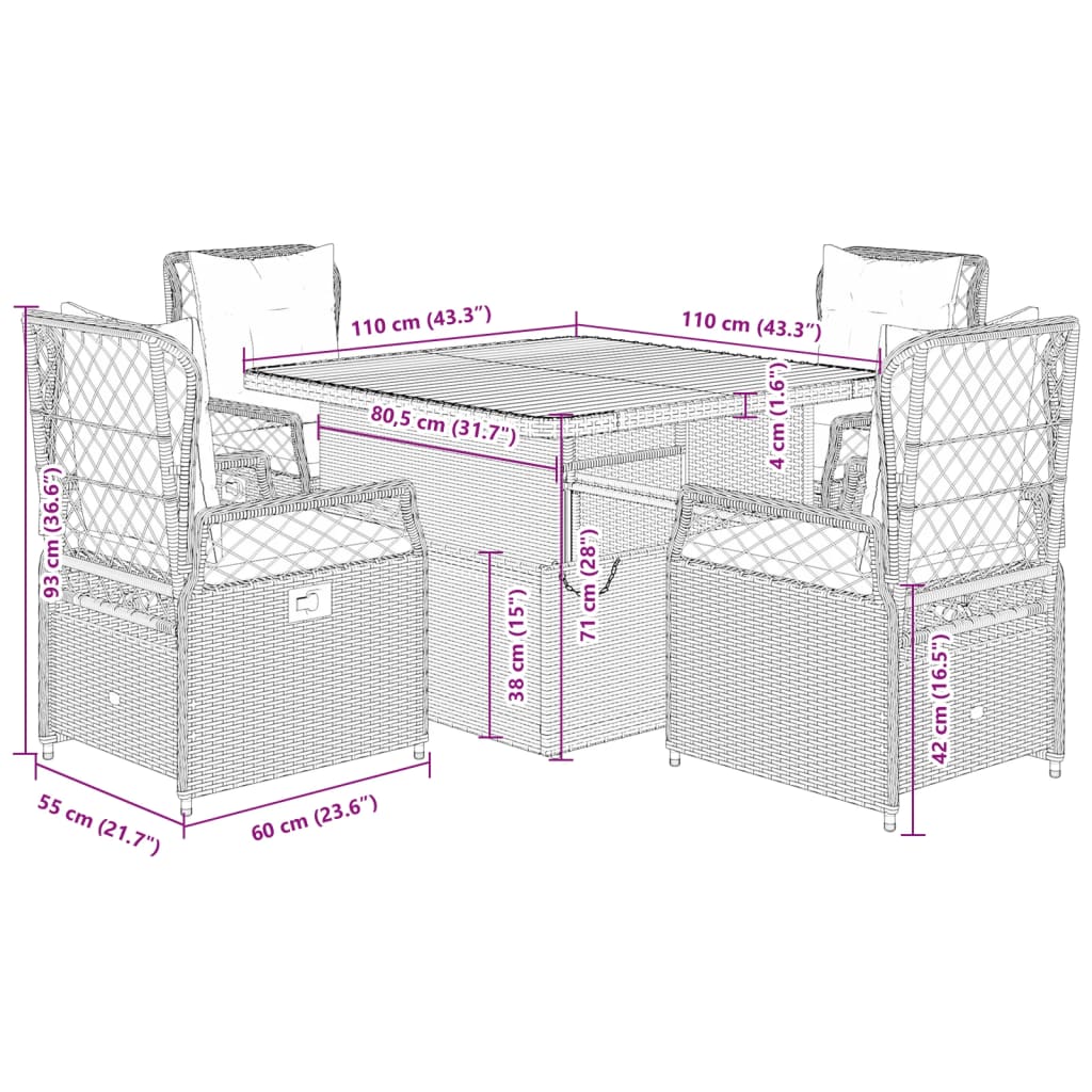 5-delige Tuinset met kussens poly rattan zwart