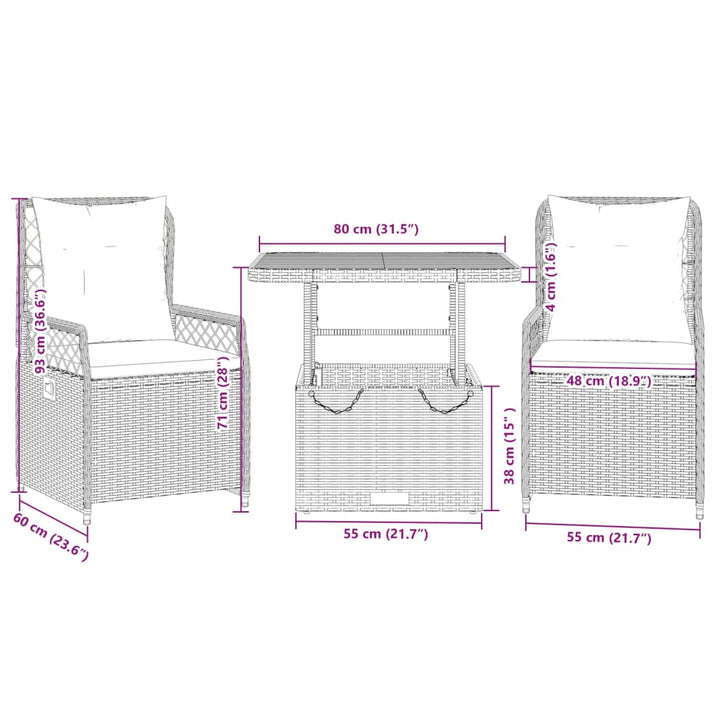 3-delige Tuinset met kussens poly rattan beige