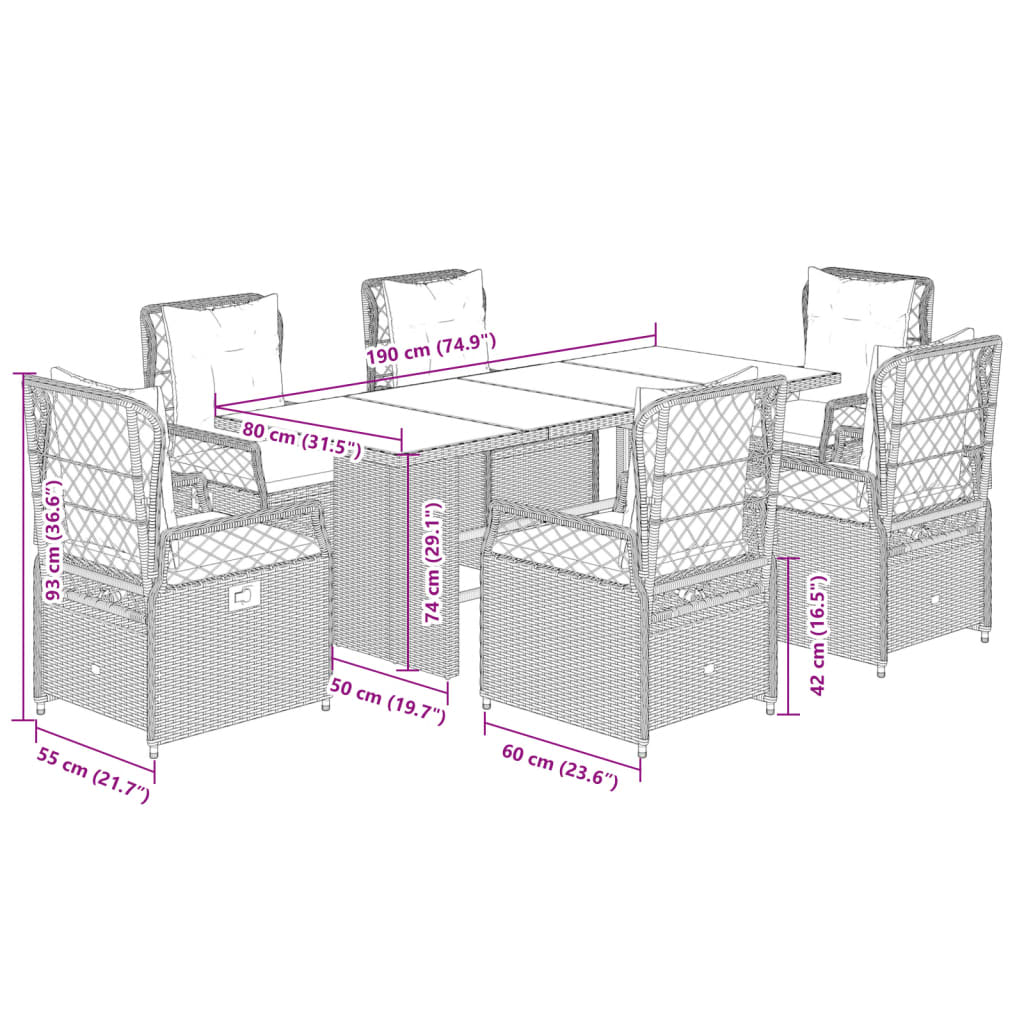 7-delige Tuinset met kussens poly rattan grijs