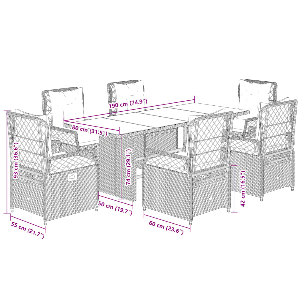 7-delige Tuinset met kussens poly rattan beige