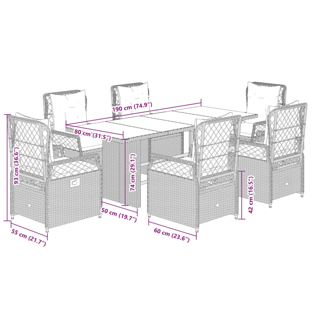 7-delige Tuinset met kussens poly rattan beige