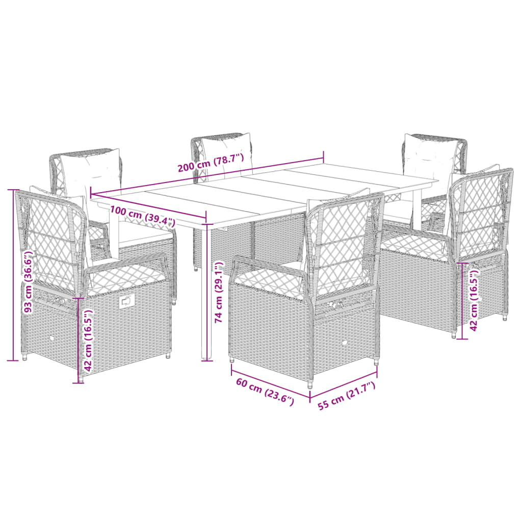 7-delige Tuinset met kussens poly rattan grijs