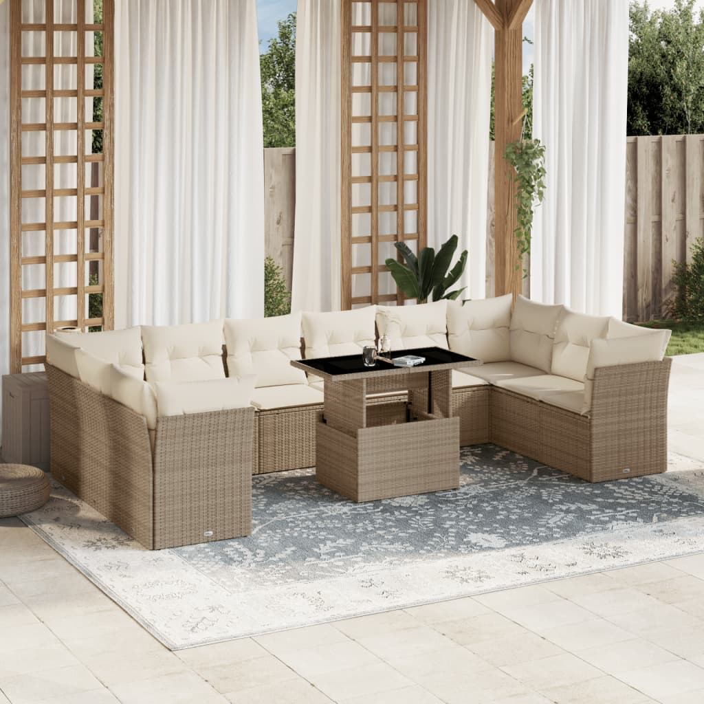 11-delige Tuinset met kussens poly rattan beige