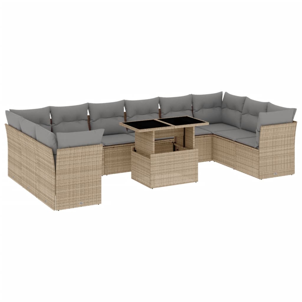 11-delige Tuinset met kussens poly rattan beige