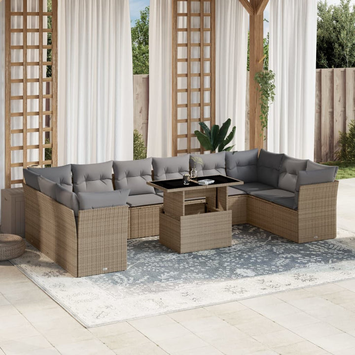 11-delige Tuinset met kussens poly rattan beige