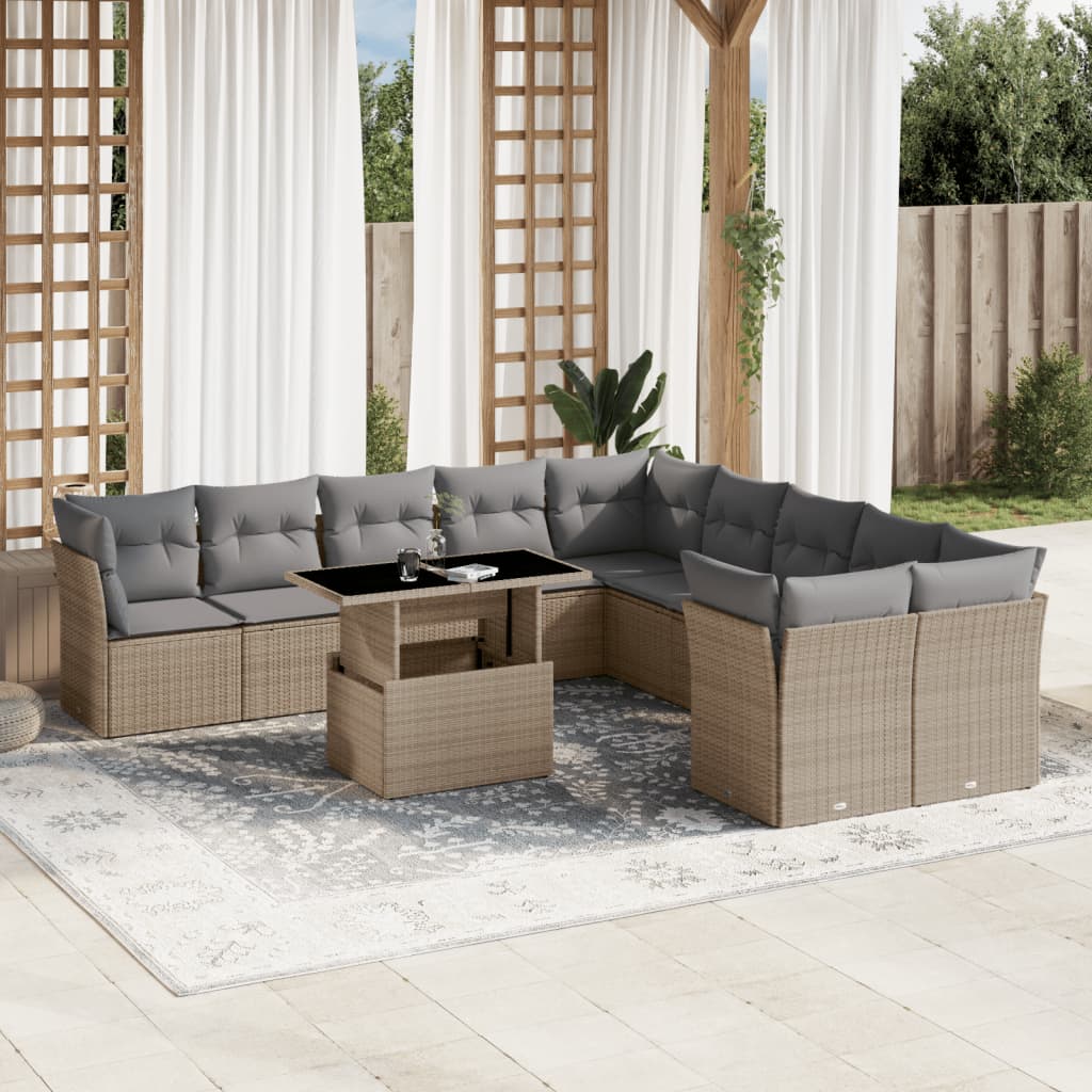 11-delige Tuinset met kussens poly rattan beige