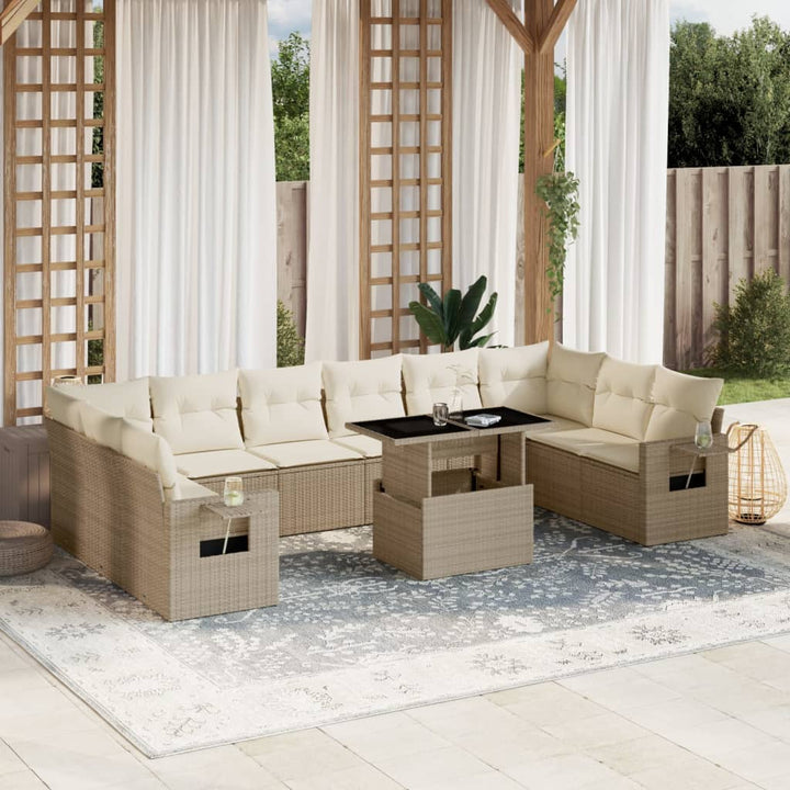 11-delige Tuinset met kussens poly rattan beige