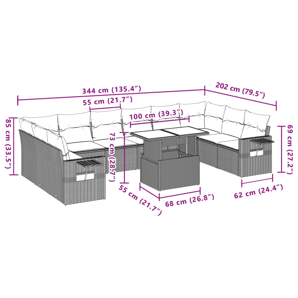 11-delige Tuinset met kussens poly rattan beige