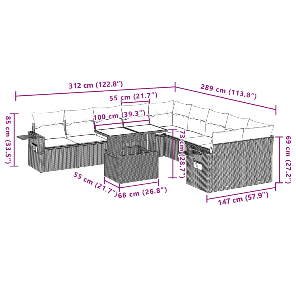 11-delige Tuinset met kussens poly rattan beige